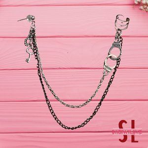 Handcuffs And Key Charms Ear Cuff And Chain Earring